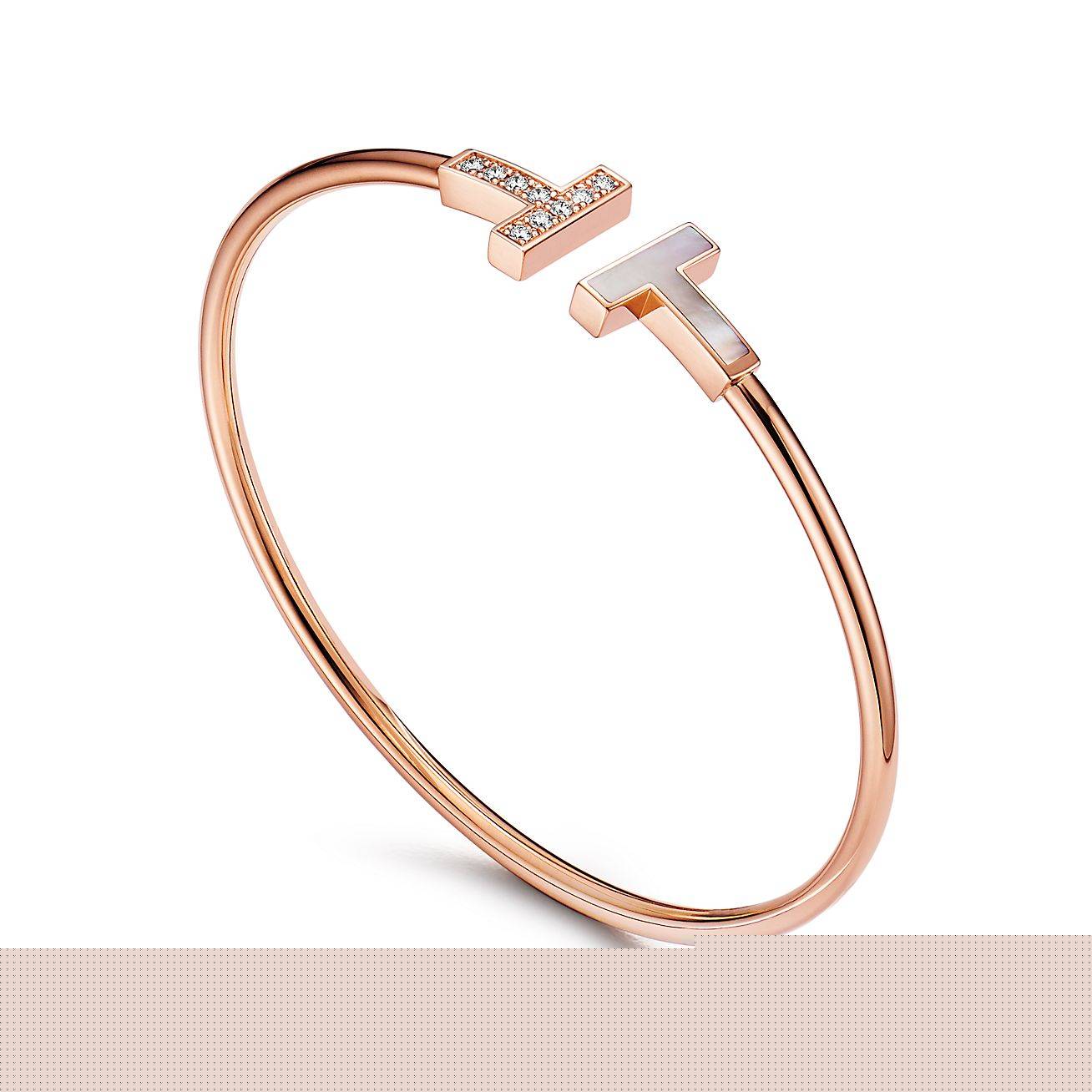 T*f*ny t wire bracelet in rose gold with diamonds and mother-of-pearl
